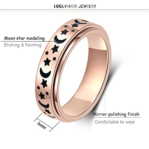 Anxiety Ring for Women Spinner Rings:Rotating Rings Stainless Steel 6mm Moon Star Anxiety for Men Band Jewelry Gift for Women Size 6 7 8 9 10 - color: A-Rose Gold