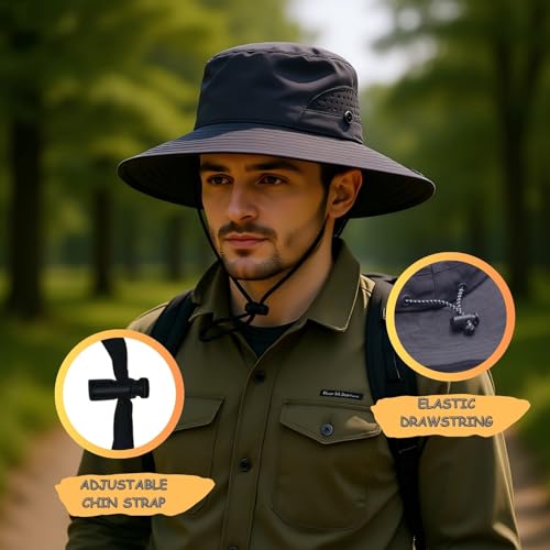Wide Brim Nylon Sun Hat for Men Women Premium Packable Outdoor Fishing Hiking Hat Breathable Vent Holes Foldable for Beach - color: Black