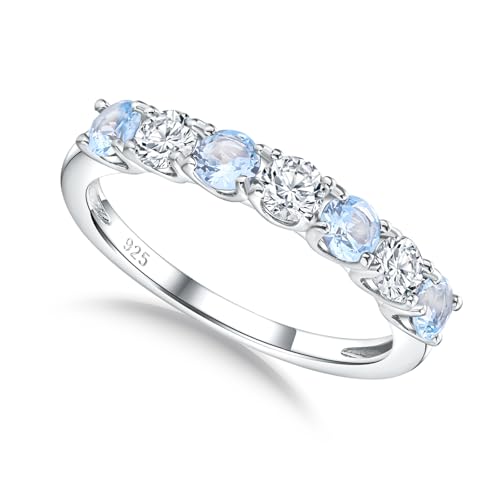 3.5mm Stackable Rings S925 Sterling Silver Created Birthstone & Cubic Zirconia Ring for Women Wedding Bands Anniversary Birthday Jewelry Size 6 to 10(with Box) - color: 03-Created Aquamarine & CZ-Mar