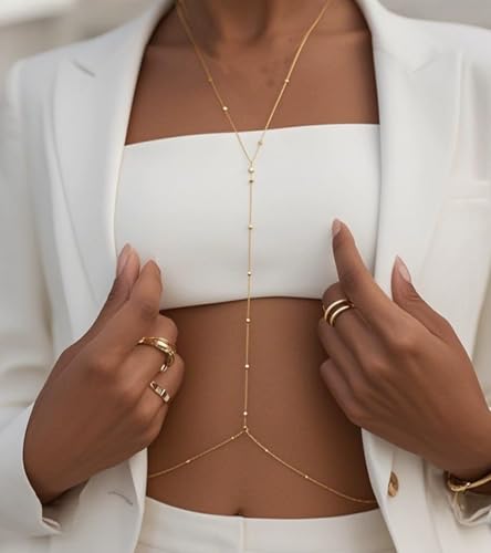 MODRSA Gold Body Chain Jewelry for Women Back Necklace for Backless Dress Backdrop Pearl Rhinestone Belly Chain Waist Chains Bra Chains Lingerie Summer Bikini Bodychain Trendy Sexy Stomach Jewelry - color: A1- body chain - beaded gold