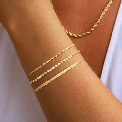DEARMAY Sterling Silver Plated Bracelets Set for Women Waterproof, Non Tarnish Sterling Silver Link Chain Bracelets Pack Dainty, Fashion Jewelry Gifts for Everyday Comfortable - color: 3Pcs Silver Bracelet B