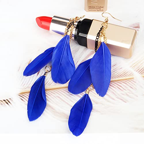 coadipress Boho Piercing Tassel Feather Long Chain Earrings Retro Lightweight Native Feather Dangle Drop Earrings for Women Bohemian Handmade Natural Feathers Earring Jewelry - color: Gem Blue