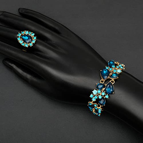 CSY 4 Pcs/Set Austrian Crystal Necklace Earrings Bracelet Ring Bridal Jewelry Sets for Brides Wedding Party Costume Accessories Gifts for Women - color: 02-gold plated-aquamarine
