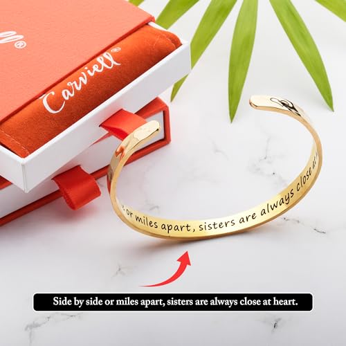 Carviell Bracelet - Gifts for Women – Inspirational, Friendship, Love, Mom, Daughter, Sister, Christian, Graduation, Memorial & Wedding Gifts – 100+ Phrases – Stainless Steel, Gift-Ready - style: SISTER'S Gift - Side by side or miles apart, sisters are al