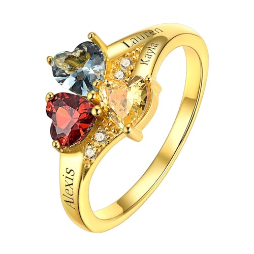 Custom4U Personalized 1-4 Birthstone Rings for Women Promise Rings for Her Sterling Silver Mothers Ring Customized Cubic Zirconia Stones Wedding/Valentine's Day/Mother's Day Jewelry Gift for Mom Wife - color: A-3 Names-gold