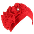 Flower Turban Hats for Women - Ruffle Bead Stretch Solid Caps Chemo Cancer Pre Tied Headscarf Headwear - color: Red