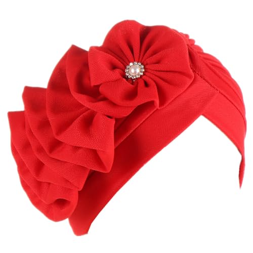 Flower Turban Hats for Women - Ruffle Bead Stretch Solid Caps Chemo Cancer Pre Tied Headscarf Headwear - color: Red