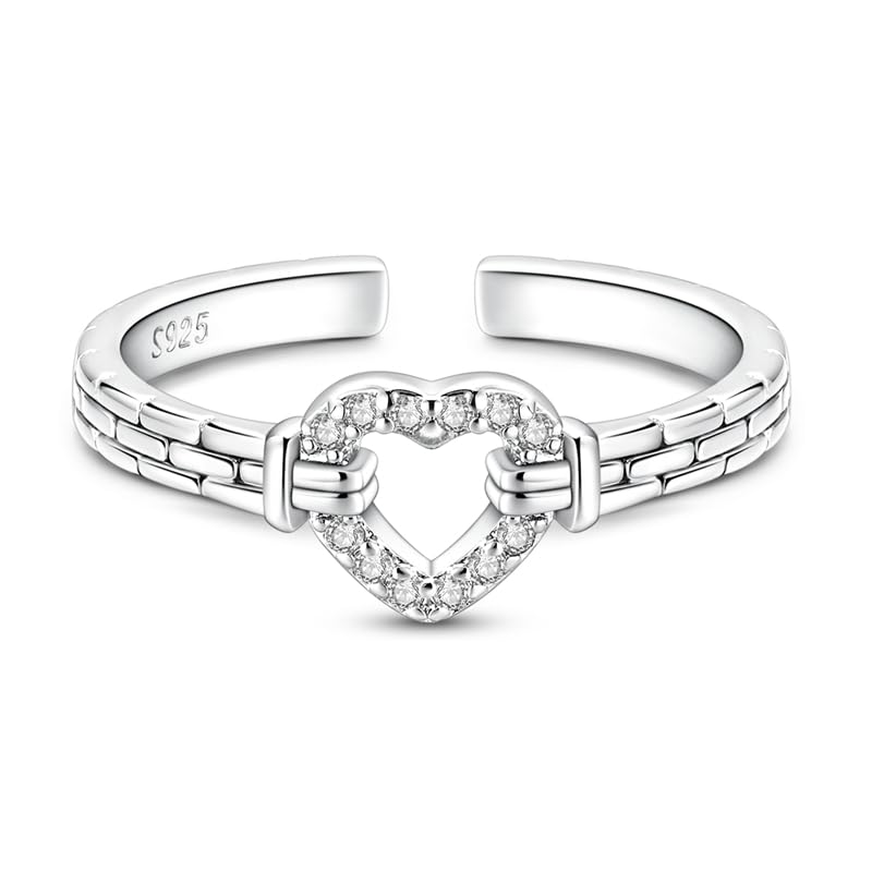PARCOM Adjustable Women Stackable Ring, 925 Sterling Silver Open Rings - Trendy Eternity Cubic Zirconia Stackable Band Engagement Promise Ring for Her, Hypoallergenic Non Tarnish Nature Bird Floral Thumb Rings - color: Heart Link