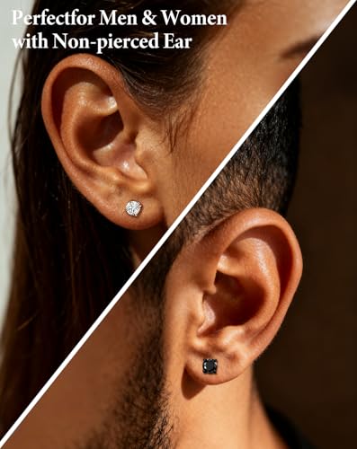 SIISPRI Magnetic Stud Earrings for Women Men Clip on Stud Earring Hypoallergenic Fake Earring Unisex Non Piercing CZ Halo Studs Diamond Earrings,Men's Aretes de lman - color: Black-Silver