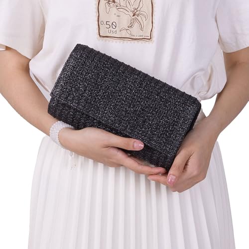 Huralona Women Straw Woven Clutch Purse Pleated Handbag for Summer Beach Vacation Straw Shoulder Crossbody Bag - color: Black3