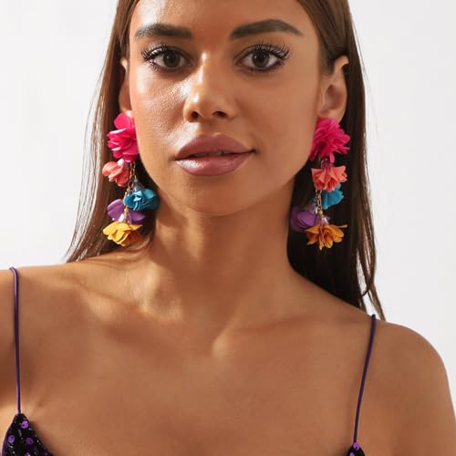Colorful Flower Fringe Statement Earrings for Women Bohemia Vintage Big Fabric Floral Dangle Earrings Exaggerated Flower Earrings Ethnic Style Jewelry