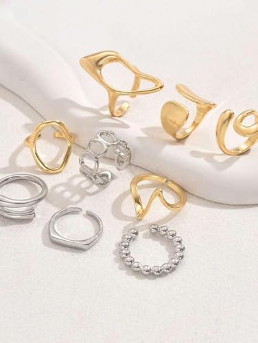Gold Stackable Rings Set Moon Star Design Adjustable Rings for Everyday Wear Mid FingerPinky Ring Trendy Jewelry Gifts - color: E