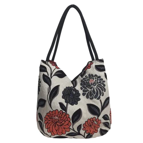 HCRAFT Embroidered Handbags for Women, Large Beads Flower Shoulder Tote Bag with Zipper Fabric Hobo Bags, Mother's Day Bag - color: Large Beads