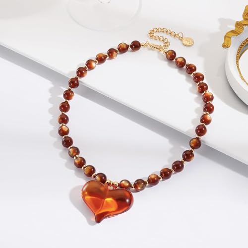 Coiris Chunky Heart Necklace for Women Statement Beaded Pendant Boho Christmas Necklace Gifts for Women - color: Amber, size: Short