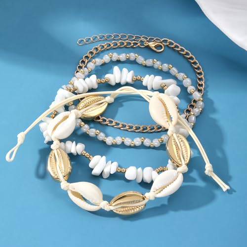 Qceasiy Shell Ankle Bracelet Set for Women, Gold Plated Boho Bead Adjustable Anklet, Hawaiian Beach Seashell Pearl Heart Starfish Conch Foot Jewelry Gifts - color: Stone Shell 4Pcs