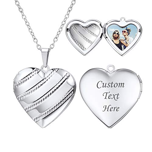 U7 Women Locket Necklace Platinum 14K Gold Photo Lockets that Hold Picture,Chain 20 Inch Personalized Gift Custom Love Heart Image Necklaces - color: 05# Platinum Stripe