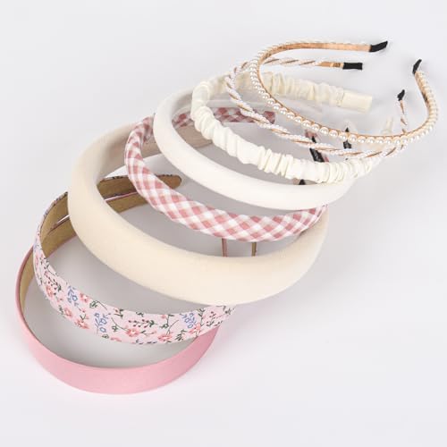 LYroo Headbands for Women Girls Non Slip - 8 Pack Wide Padded Headband Cute Floral Headbands Fashion Pearl Beaded Thin Head Bands Trendy Hair Accessories(White & Pink) - color: Beige