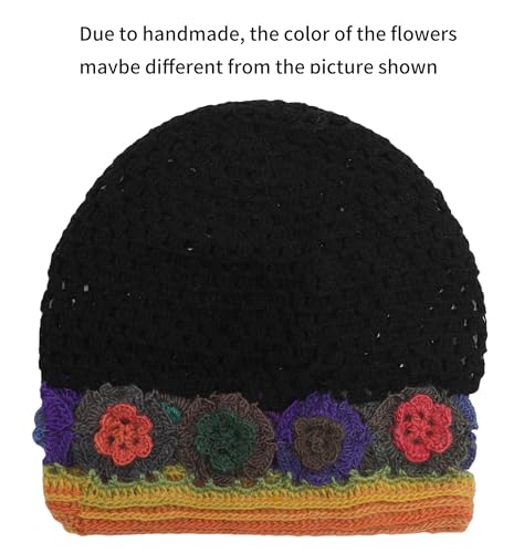 ZLYC Women Cotton Crochet Slouchy Beanie Hat Handmade Knit Summer Skull Cap - color: Colorful Flower Black