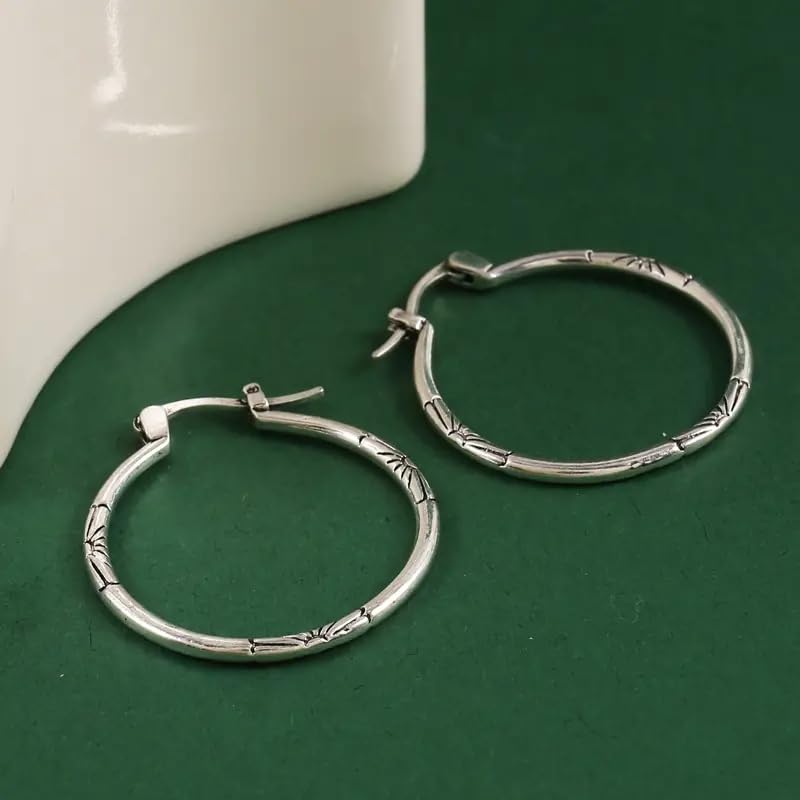 1Pair Fashion Vintage Engraved Sunburst Big Circle Earrings for Women Daily Casual Party Wear Simple Silvery Hoop Earrings - color: silvery