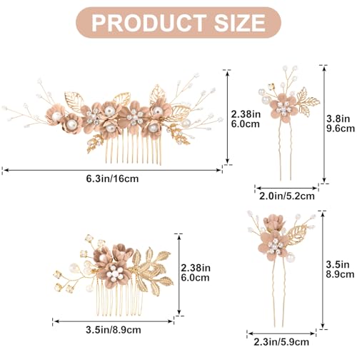 HINZIC 4pcs Flower Tassels Hairpin for Women, Crystal Pearl Hair Comb, Pink | Non-Slip, 4 Styles, Alloy Made, Adorned with Rhinestones and Pearl, for Wedding, Brides, Parties, for Long Hair - color: Pink-4pcs
