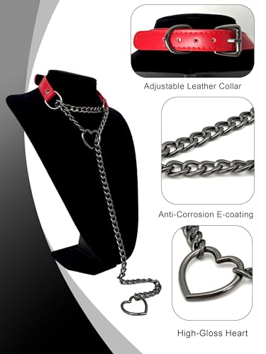 Black Leather Choker Collar For Women, Handmade Heart Slip Chain Choker Long Necklace with Adjustable Buckle - color: B-Red-Black-Black, size: 24''chain