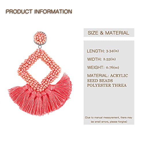 Long Tassel Earrings Statement Bohemian Pom Ball Handmade Drop Dangle Earrings for Women - style: S-Pink