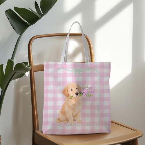 Preppy Animal Tote Bag, Pet Canvas Tote Bag, Reusable Grocery Shopping Shoulder Bags - color: Golden Retriever Stripes