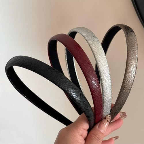 4 Pack Skinny Faux Leather Headbands for Women, Metallic Textured Thin Hair Bands, Non-Slip Lined Hard Hair Hoops, Elegant Vintage Hair Accessories for Girls Daily Wear & Party - color: Metallic Leather