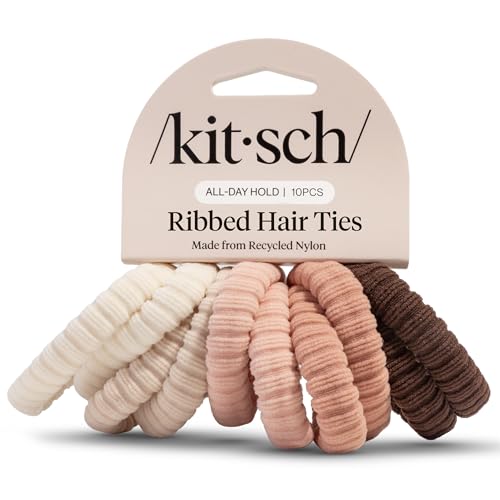 Kitsch Ribbed Hair Ties No Damage - Strong, Stretchy & Snag-Free Hair Bands | Soft Fabric Ponytail Holders, Stylish Elastics for Everyday Hairstyles | Ideal Gifts for Women - Blush, 10pcs - color: Blush Ribbed (Pack of 10)