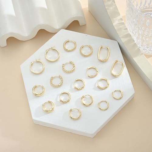 9 Pairs Small Gold/Silver Hoop Huggie Earrings Set for Women, 14K Gold Plated Chunky Hoop Small Earring Hypoallergenic Thick Open Lightweight Chunky Hoop Earrings Jewelry for Gifts - color: gold-2
