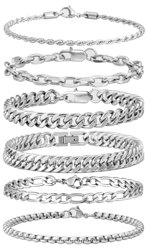 XIANNVXI 6pcs Bracelets for Men Gifts for Him Stainless Steel Bracelet Silver/Gold/Black Cuban Link Rope Paperclip Chain Bracelets Set 6.5/7/7.5/8.3/9 Inches Metal Bracelet Mens Fashion Accessories Jewelry Gifts Set - color: Silver, size: 8.3 in-Men Mediu