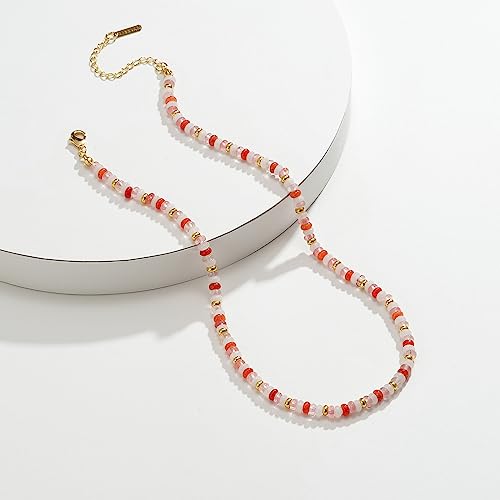 KissYan Boho Beaded Choker Necklace for Women, Gemstone Choker Natural Stone Freshwater Pearl Surfer Necklaces 14K Gold Plated Summer Beach Handmade Jewelry - color: G-Rose Quartz