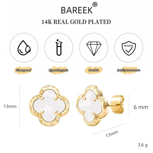 Elegant Black Onyx Clover Stud Earrings, 14K Gold Plated Four Leaf Hypoallergeinc Stud Stainless Steel Flower Earring Lucky Simple Jewelry Gift for Women Shiny Multiple Onyx Colors - color: White Clover Stud Earrings