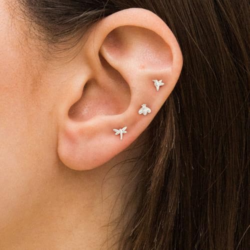 VRIUA 20G Tiny Flat Back Earrings for Women - 14K Gold/Silver Plated Small Flat Back Stud Earrings Hypoallergenic Cartilage Helix Piercing Jewelry - color: 5/6/6mm-Hummingbird Bee Dragonfly Flat Silver