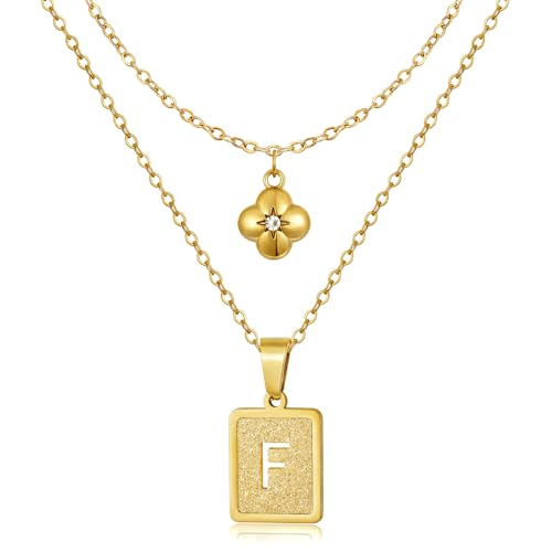 KELORIS PATH Layered Initial Necklaces for Women, 18K Gold Plated Stainless Steel Necklaces Set with Dainty Four Leaf Clover Square Cutout Letter Pendant, Fashion Jewelry for Gifts - style: F Letter