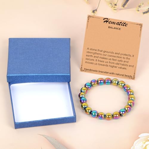 LPBeads Handmade Natural Gemstone Stretch Elastic Bracelet Healing Crystal Round Stone Beads Jewelry Gifts for Women Men - color: Rainbow Coated Hematite, size: 10mm