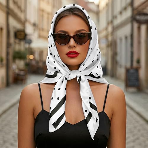 Pistha Head Scarf Bandana for Women, Satin Scarf for Hair, Large Square Silk Bandana Headscarf for Women and Men 35 Inch - style: Dot-white