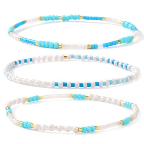 Dainty Gold Plated Tiny Ball Colorful Beaded Stack Bracelets Sets for Women,3Pcs Stackable Cute Bracelet Stretch Trendy Ball Jewelry Friendship Gift - color: light blue