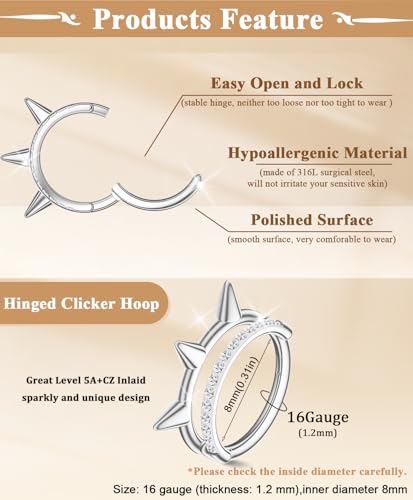 Small Cartilage Double/Triple-Hoop Helix Conch Piercing Earrings With Cubic Zirconia For Women Trendy 14K Gold Plated Titanium Surgical Stainless Steel Sets Nose Rings Hoops Septum Rings - color: Silver, style: D-4Pairs-16Gauge-Double CZ hoop