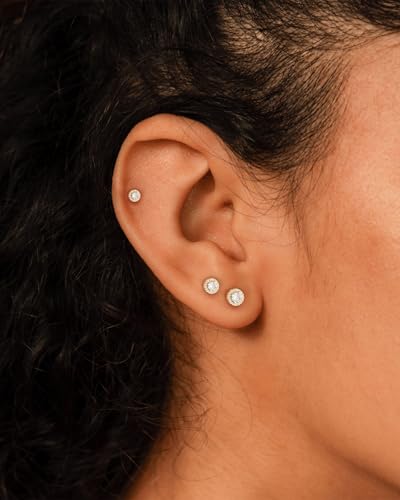 3 Pair Tiny Flat Back Earrings for Women - 14K Gold/White Gold Plated Dainty Cute Small Screw Flatback Stud Earring, Everyday Wear Gift - color: diamond gold