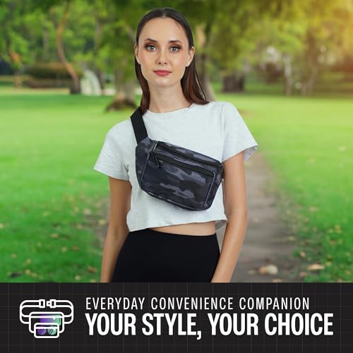 Black Camo Fanny Pack Belt bag - Crossbody Waist Bag for Men or Women - Hands-Free, Waterproof Large Bumbag for Hiking, Running, and Travel - color: Black Camo