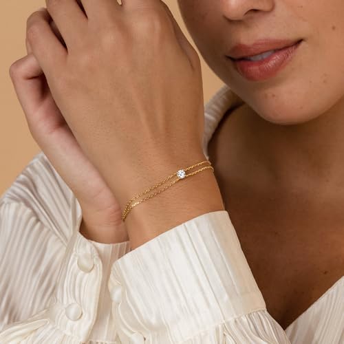 SLOONG Gold Pearl Bracelets for Women Trendy, 14K Gold Plated Dainty Stackable Layered Chain Bridesmaid Bracelets, Waterproof Wedding Jewelry for Women Adjustable 6"+2" - color: Style5(CZ)