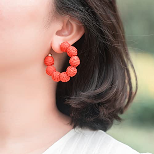Raffia Hoop Earrings Statement Boho Beaded Earrings Cute Rattan Handmade Colorful Jewelry for Women Unique Summer Outfits - color: Red