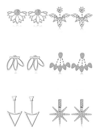 Tornito 6-12 Pairs Lotus Flower Earring Studs Chic CZ Earrings Jackets For Women Silver Rose Gold Tone - color: C:6 Pairs, Silver Tone