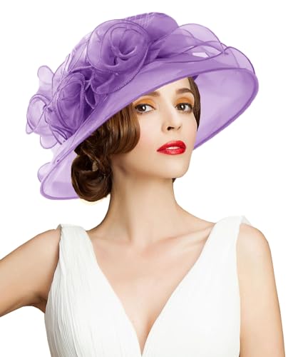 Women's Kentucky Derby Church Dress Hat Wide Brim Leaf Flower Bridal Shower Hat - color: A6 Purple