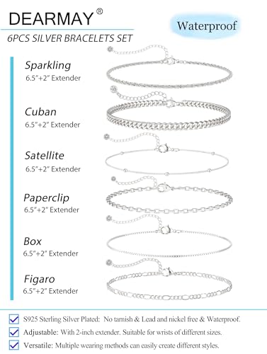 DEARMAY Sterling Silver Plated Bracelets Set for Women Waterproof, Non Tarnish Sterling Silver Link Chain Bracelets Pack Dainty, Fashion Jewelry Gifts for Everyday Comfortable - color: 6Pcs Silver Bracelets D