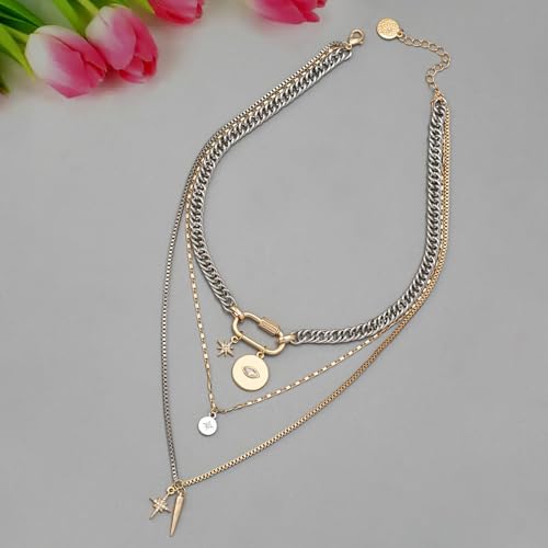 Gold Layered Necklaces for Women,Tone Mixed Necklace Chain,Chunky Paperclip Chain Silver Coin Pendant,Trendy Statement Jewelry Gift