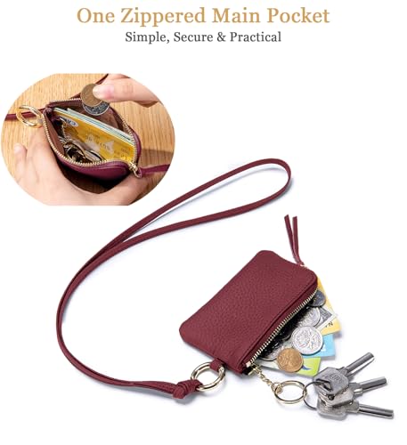 Mini Coin Wallet for Women – Genuine Leather Zipper Coin Purse with Wrist Strap & Keychain, Compact Change Holder & Travel Wallet with Gift Box (Wine Red) - color: Wine Red