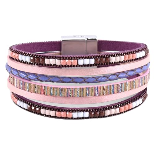 VIBILIA Boho Leather Wrap Bracelets for Women Multi-Layer Bracelets with Strong Clasp Jewelry for Women - color: 03-BohoBraid-Purple