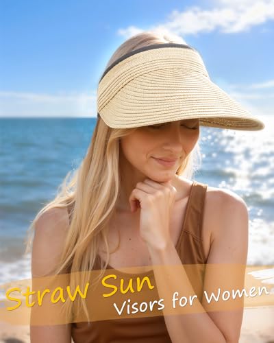 Senker Fashion Sun Hats Visor for Women, Straw Beach Hat Adjustable Wide Brim Ponytail Packable for Summer Travel UPF 50+ - color: Beige
